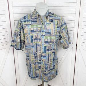 Tori Richard Geometric Print Button Up Camp Hawaiian Shirt Blue Green Tan Medium